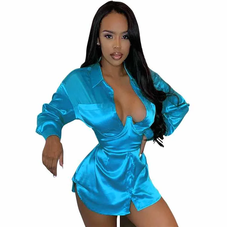 

Hot Sale Sexy Fashion Bandage Mini Dress Women's Long-Sleeved V-Neck Girls Party Shirt Dress
