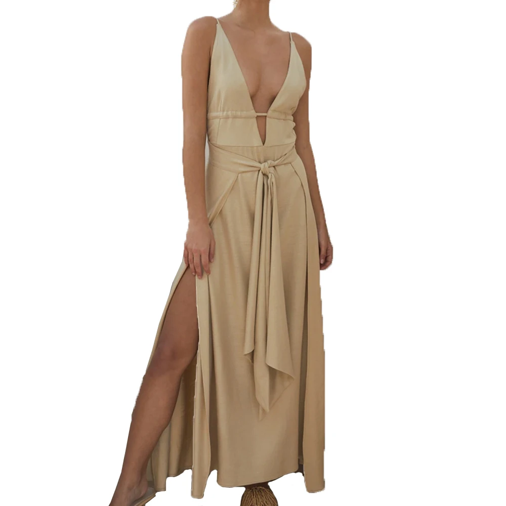 

Women's sexy deep v backless suspender long skirt with wide and loose formal gown dress