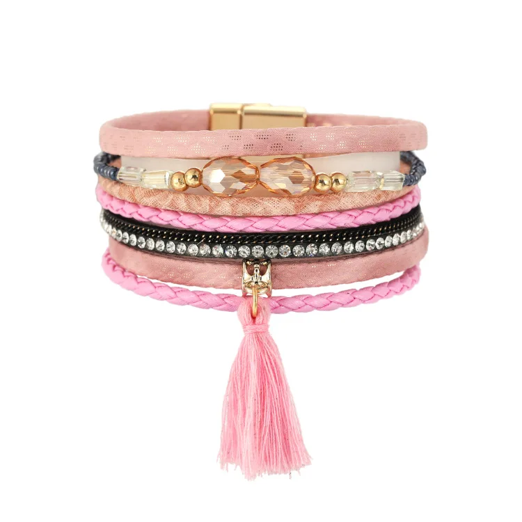 

Multilayer Braided Leather Bracelets for Woman Bohemian Cotton Fringe Tassel Glass Bead Magnetic Clasp Leather Cuff Bracelet