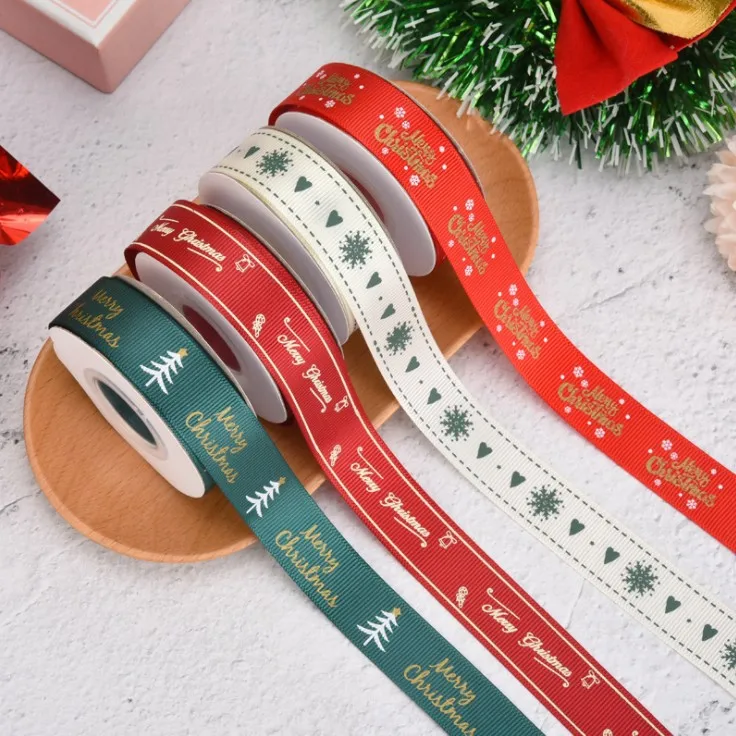 

Custom Colorful Logo Xmas Tree Deer Santa Claus Snowman Grosgrain Christmas Packaging Ribbon For Christmas Holiday, 196 colors