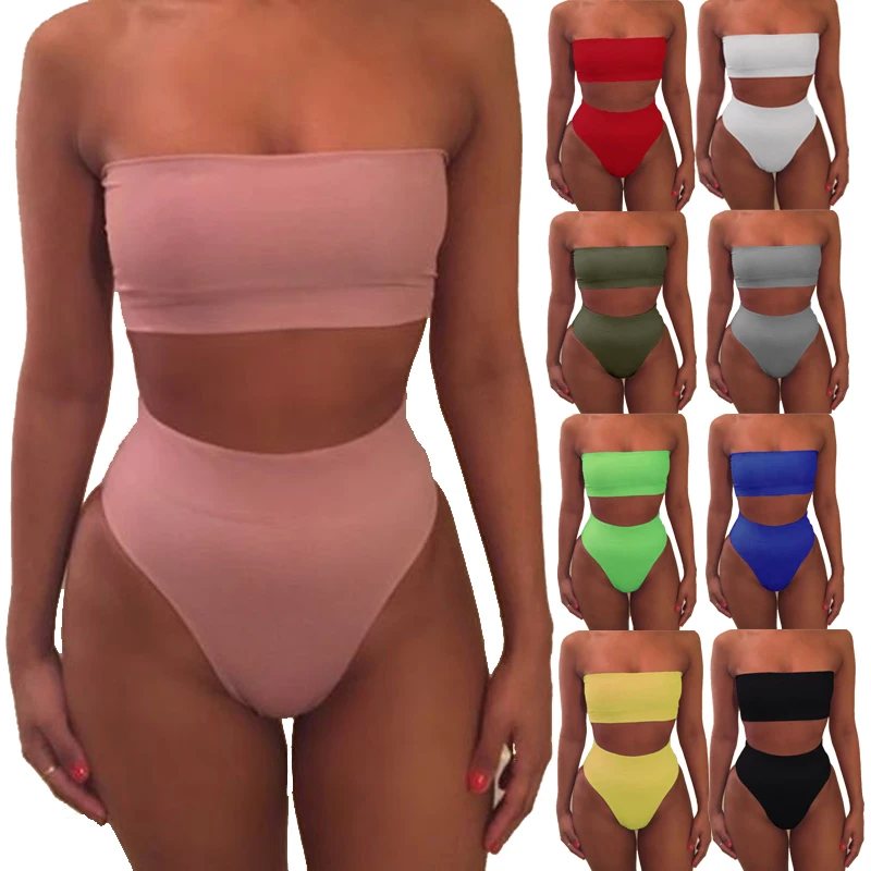 

Custom 2Pcs Women's High Waisted Set Push Up Bra Casual Sexy Solid Color Swimsuit Fashion Strapless Polyester Swimwear Bathing