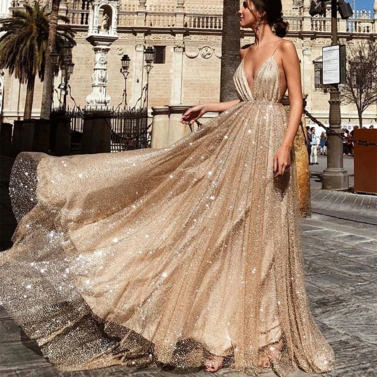 

Sexy V Neck Halter Mesh Gauze Long Party Gold Dress Sequin