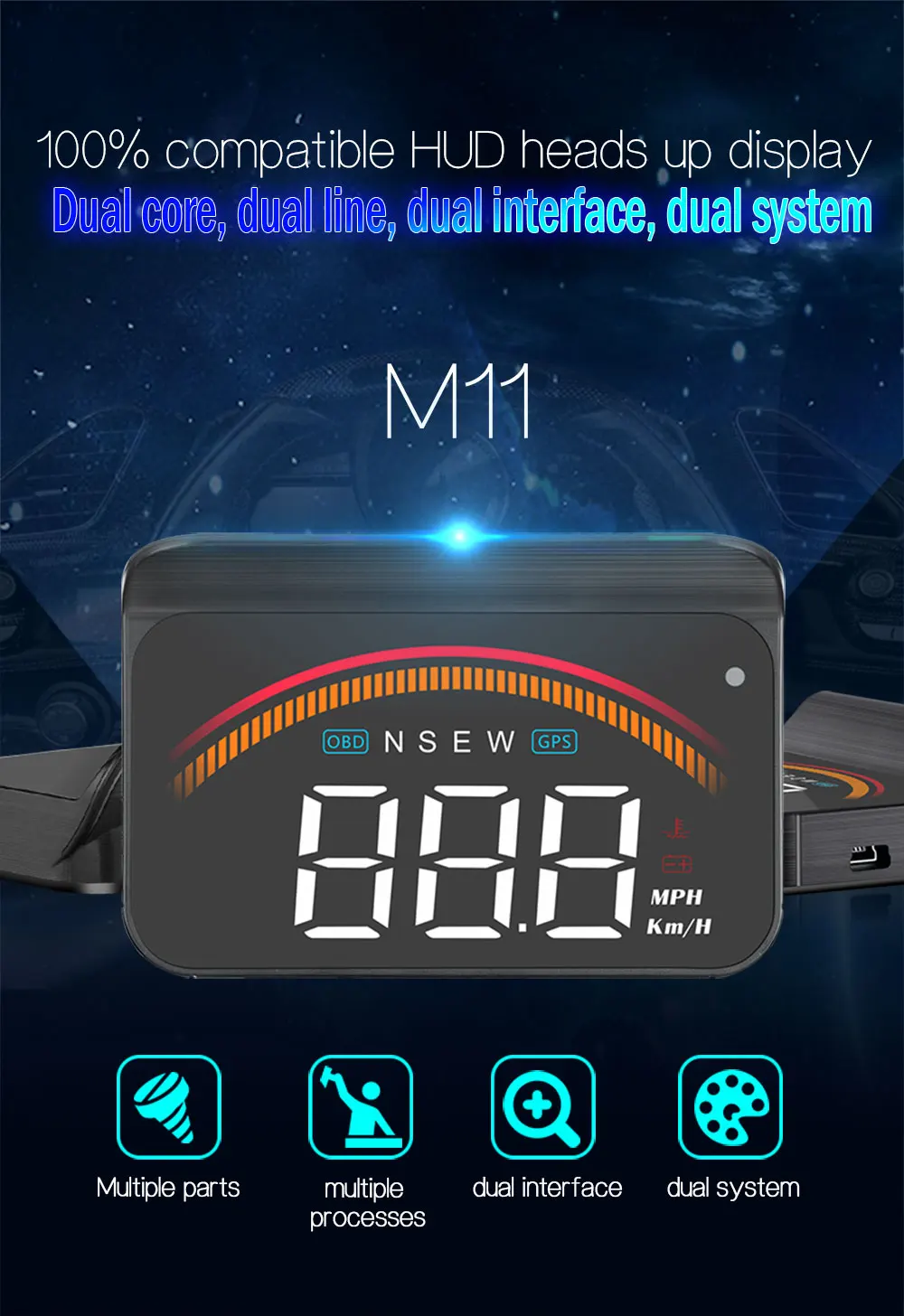 Button design HUD  M11 OBD+GPS Head Up Display fault code elimination Universal diagnostic tool for all cars
