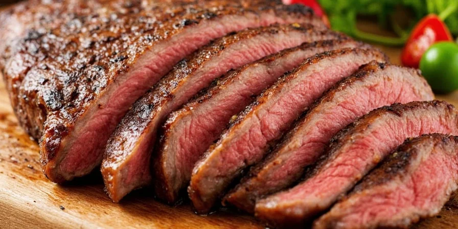 Sliced medium-rare steak with rosemary sprigs and coarse sea salt