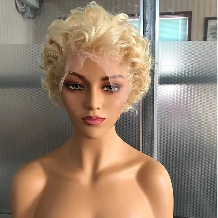 

613 Blonde Pixie Wig Short Bob Cut Curly Virgin Brazilian Human Hair Lace Front Wig