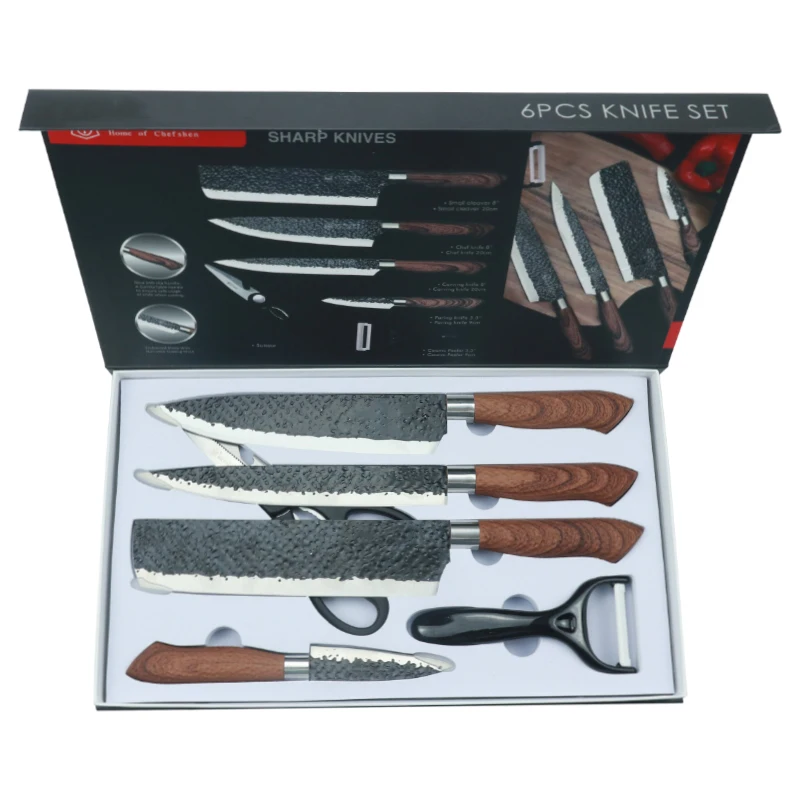 

Hammer pattern6-piece Embossed Forged Chef Knife Stainless Steel Kitchen Knife Set, Black
