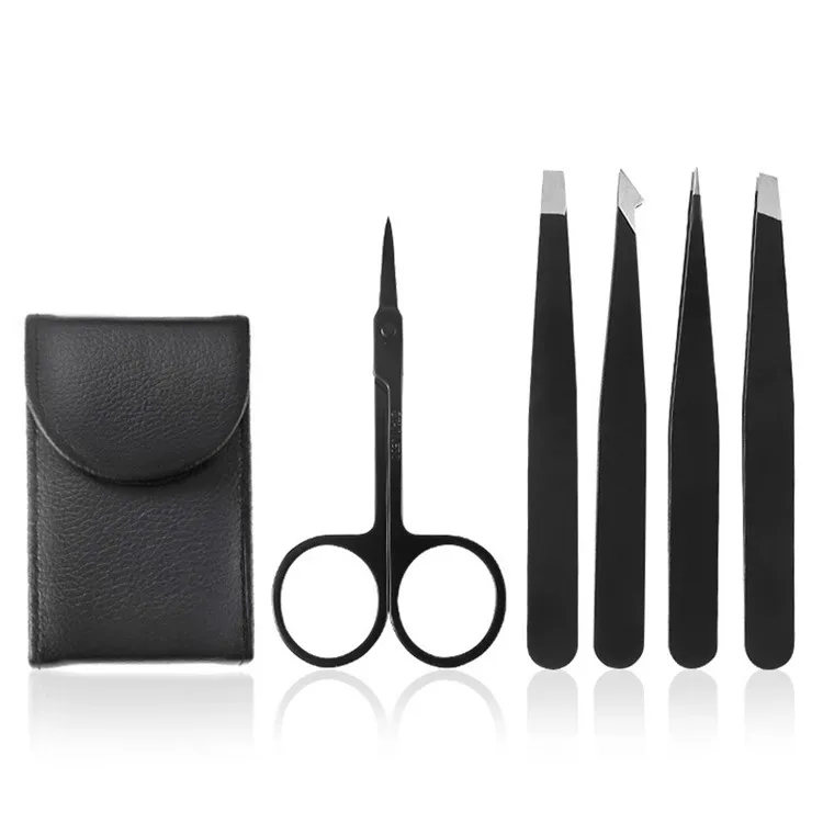 

Professional Stainless Steel Eyebrows Tweezer Set, Slant Flat Pointed Tip Precision Tweezers+ Curved Brow Scissors, Black