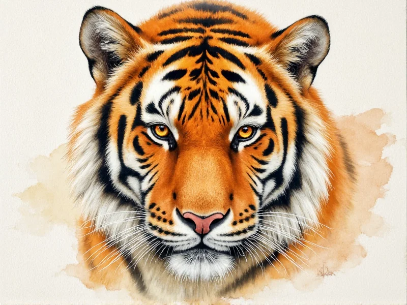Watercolor tiger painting on textured paper with amber eyes
