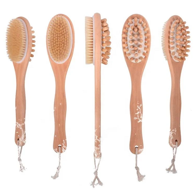 

Double Sided 100% Natural Boar Bristles & Wooden Massage Shower Bath Brush with Long Handle & Dry Skin Body Brushes, Natural color