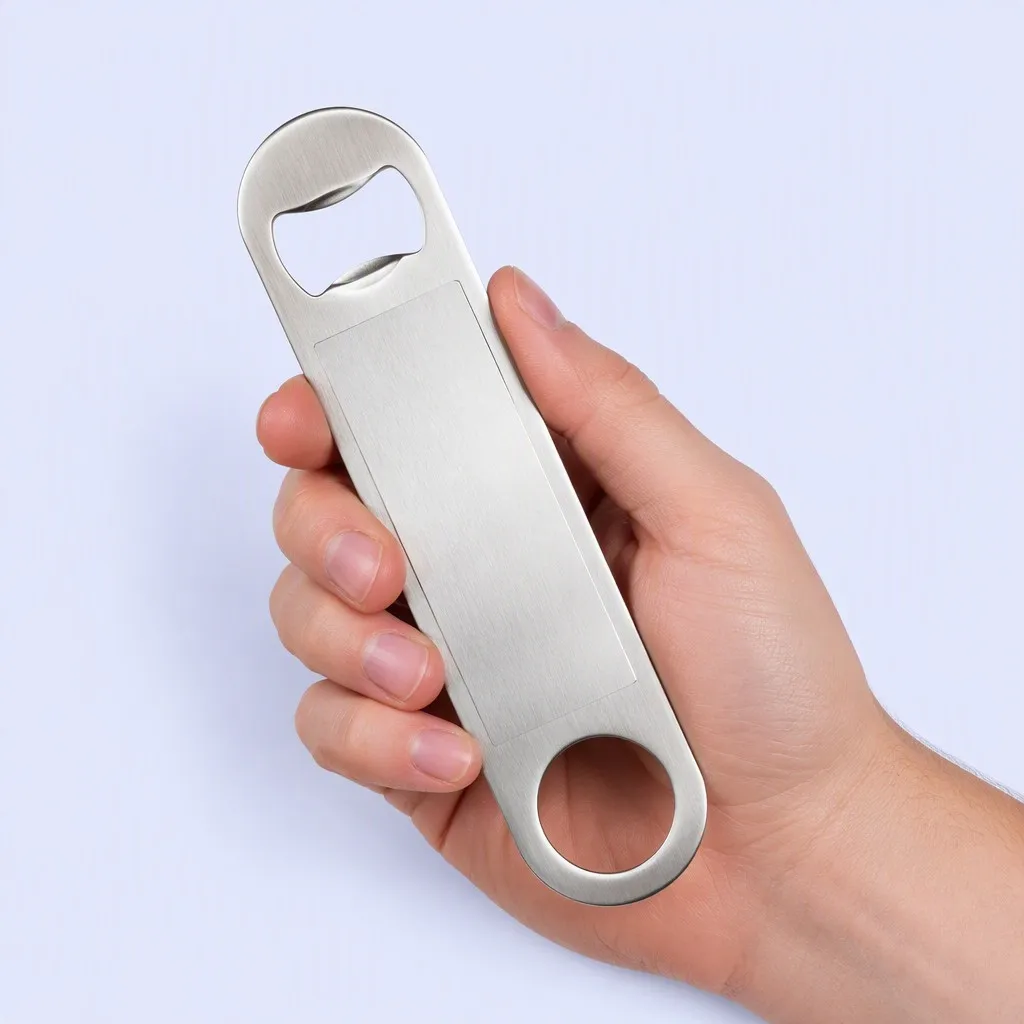 Hand holding a brushed stainless steel bottle opener