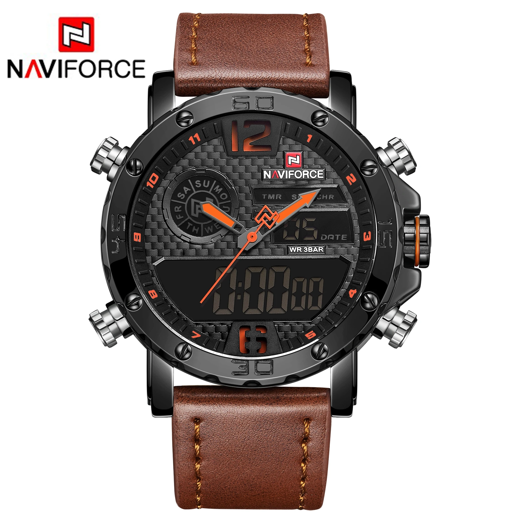 

Naviforce 9134 top 10 brands Brown man quartz watch 2019 Genuine Leather Strap Luminous chronometer Concise Casual wrist watch