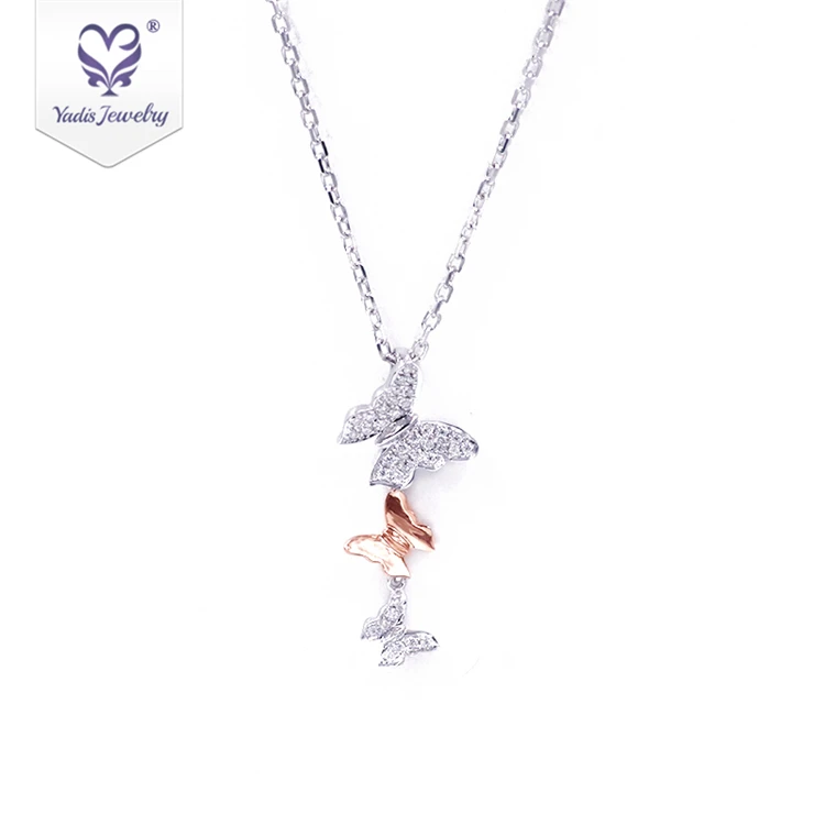 

Yadis butterfly jewelry charms animal chain 14k solid rose gold round white moissanite lady pendant necklace, Rose gold and white gold