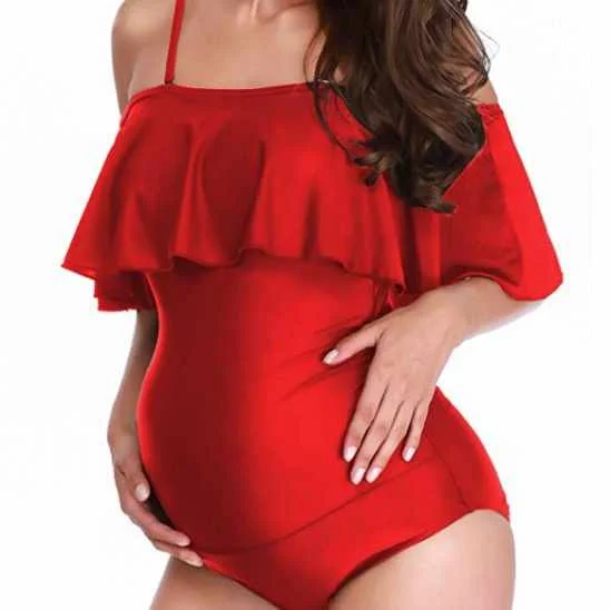 

New Pregnant Women's Ruffled Off-shoulder Sling One-piece Swimsuit, Picture color