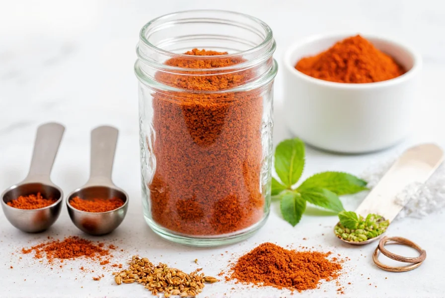 Homemade chili seasoning mix in glass jar with measuring spoons and fresh spices