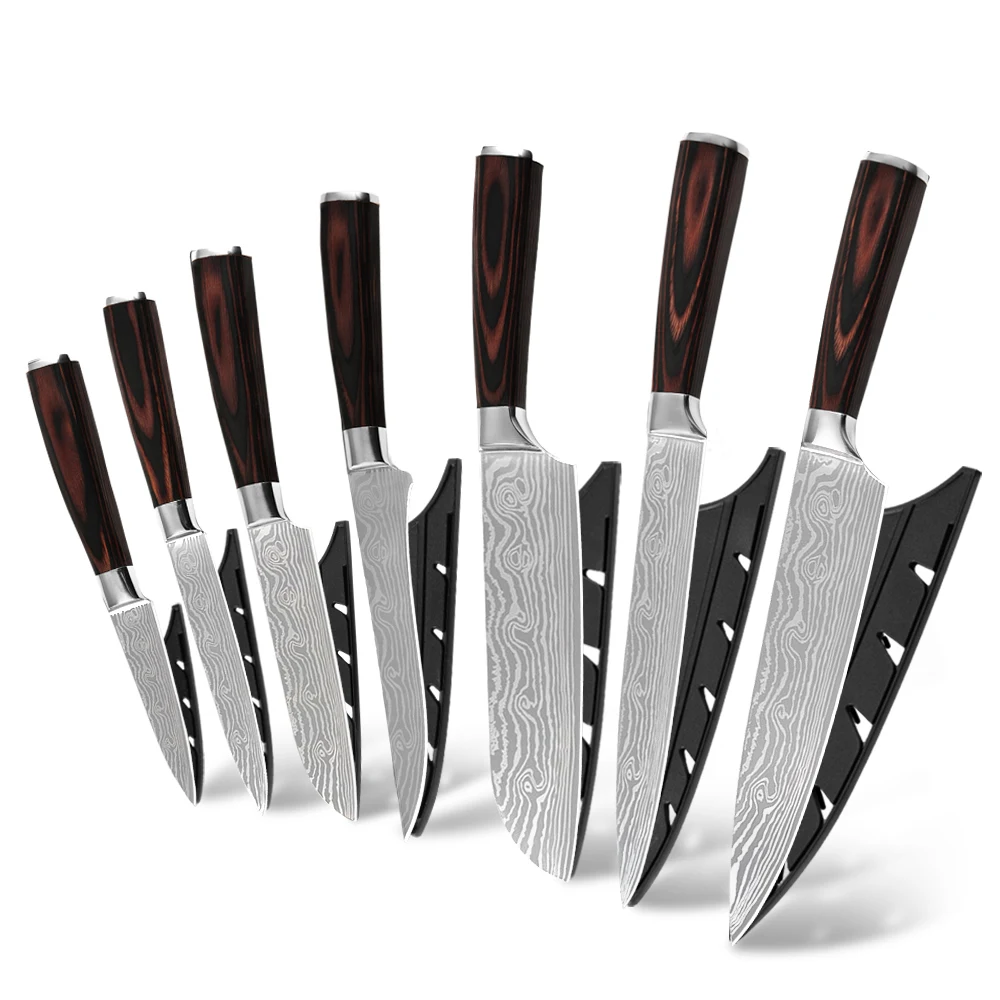 

Free Shipping 7Cr17mov German Stainless Steel 7pcs luxury Damascus Pattern Chef Stainless Steel Kitchen Knife Set With Gift Box