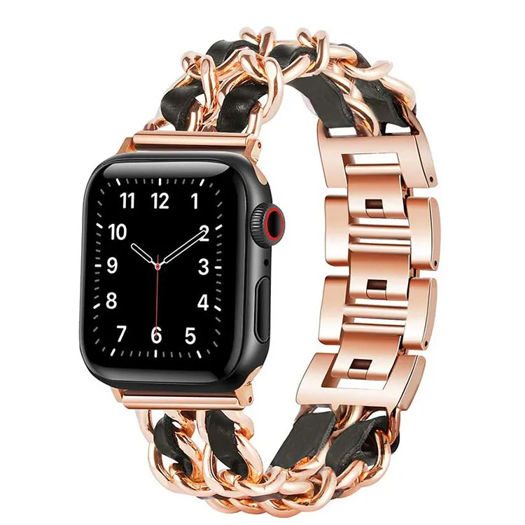 

Metal Cowboy Chain Leather Watch Bands for Apple Watch Series 6 SE 5 4 3 2 1 Bracelet Wrist Straps for iWatch 38mm 40mm 42mm 44m