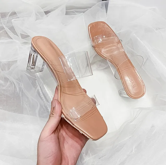 

Transparent sandals women mid-heeled 2021 summer new thick-heeled crystal high heels flip flops sandals and slippers, As the pictures show