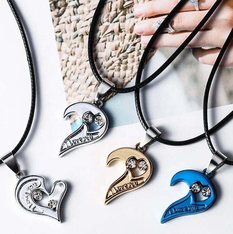 

Wholesale Valentine's Day Heart Couple Pair Pendant Necklaces for Women Fashion Cute Romantic Crystal Rope Chain Jewelry