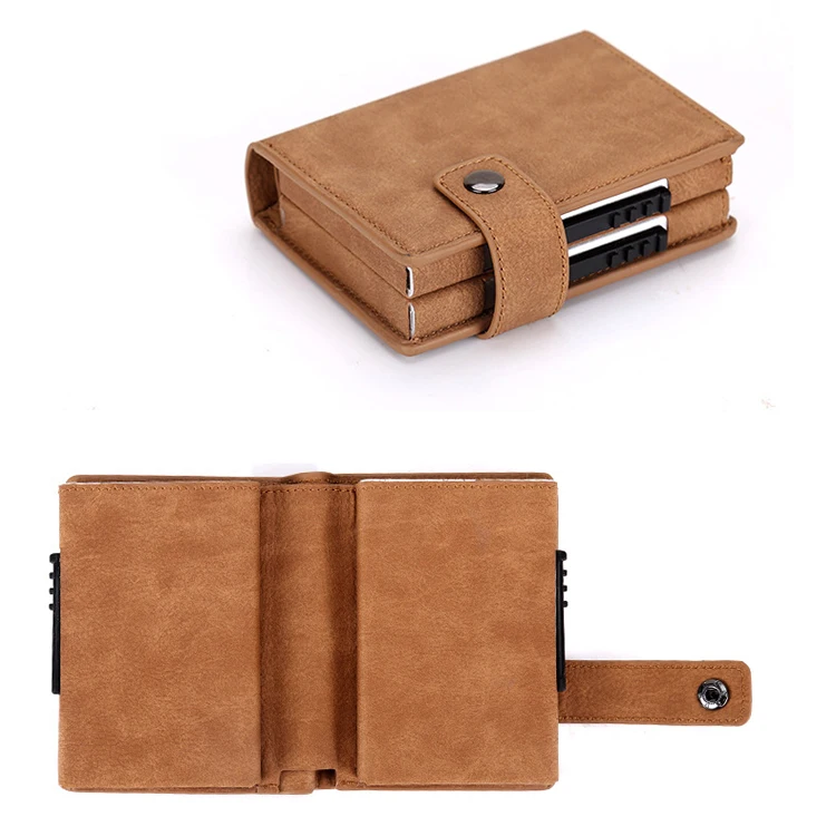 

PRF-15 RFID Blocking Wallet Slim Wallet PU Leather Vintage Aluminum Business Card Holder Automatic Side Slide Wallet