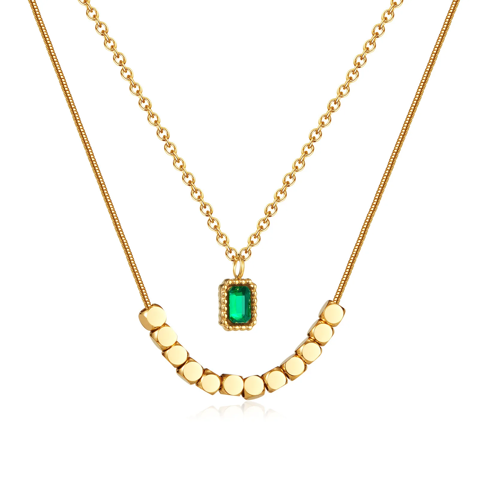

2024 New Fashion Senior Sense Emerald Zircon Stainless Steel Necklace Small Square 18K Gold Plated Necklace Jewelry