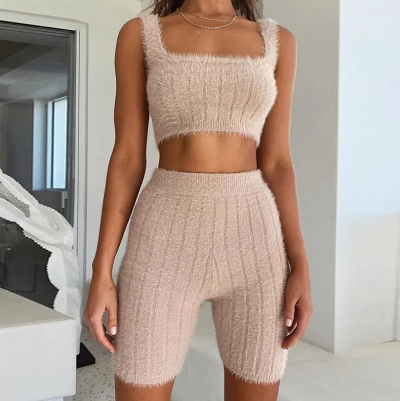

2020 winter new hot style womens sexy cami top tight shorts two pieces set sweater suit two piece pants set, Shown,or customized color,provide color swatches