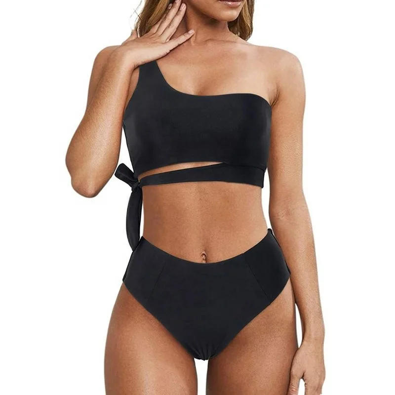 

Factory Fashion Brazil Summer Women Solid Bikini Sexy One Shoulder Asymmetric Triangle Bikini Set Print Bikini
