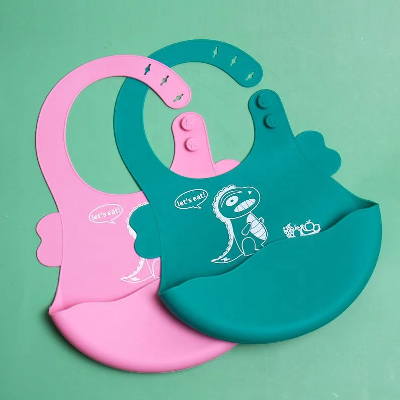 

Factory Wholesale Printed Food Grade Silicone Baby Waterproof Dinosaur Pattern Soft bibs BPA Free With Catcher, Pictures