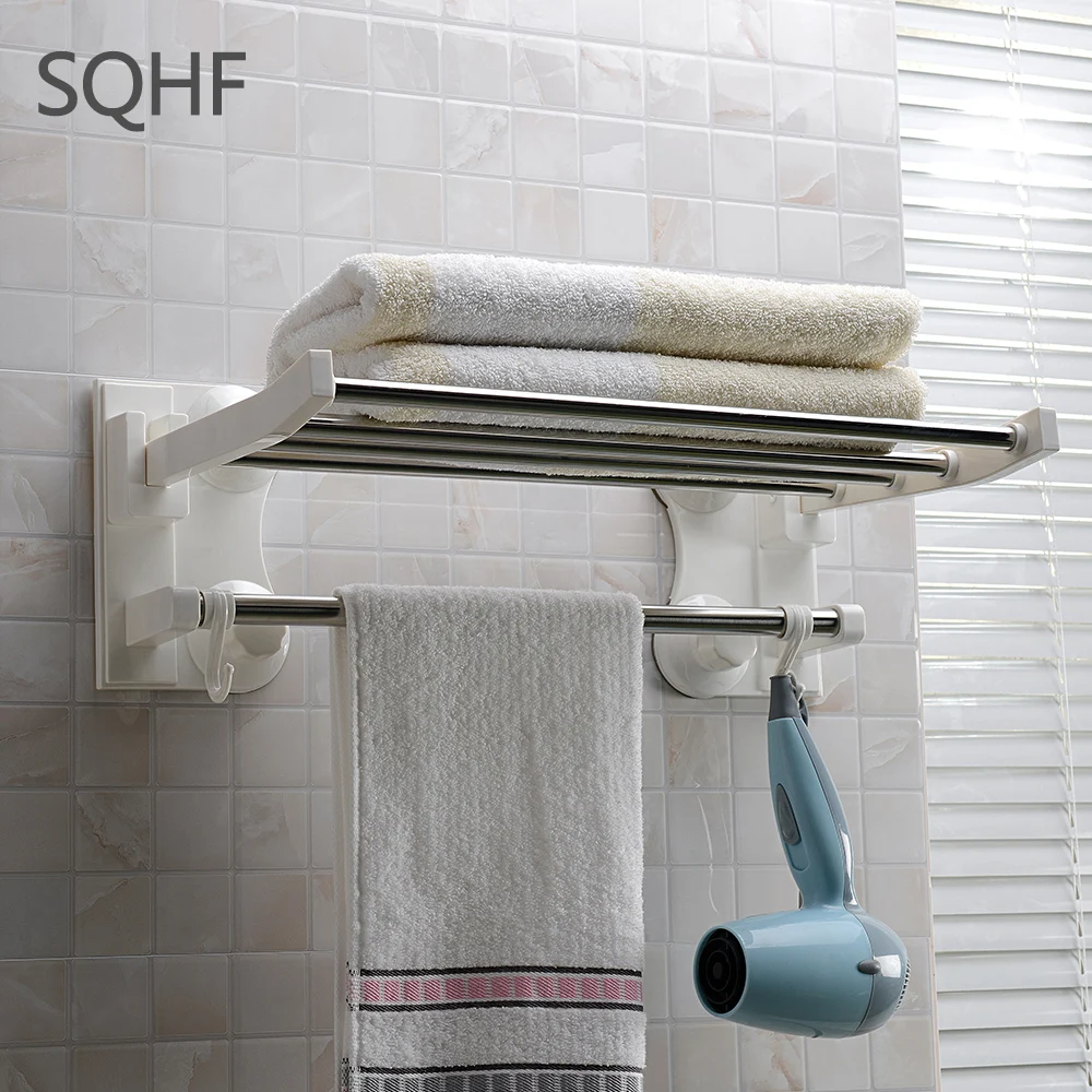 40CM Multi-function  Suction Cup Bathroom Shelf  Folded Towel Bar Holder with  Hooks Wall Mounted