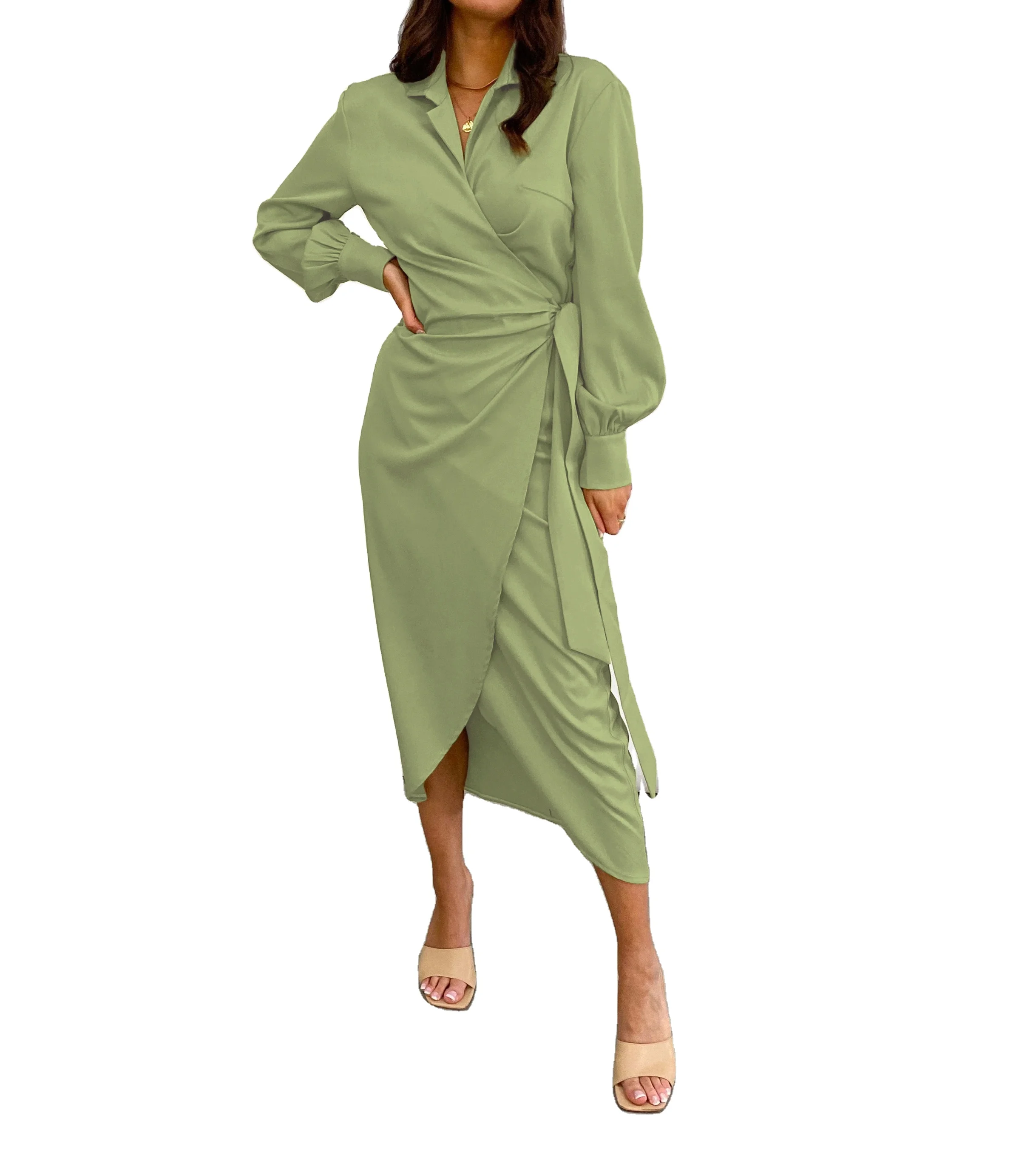 

Lapel Belt Modest Stylish Fall Woman Elegant Casual Long Sleeve Dress, Beige, green