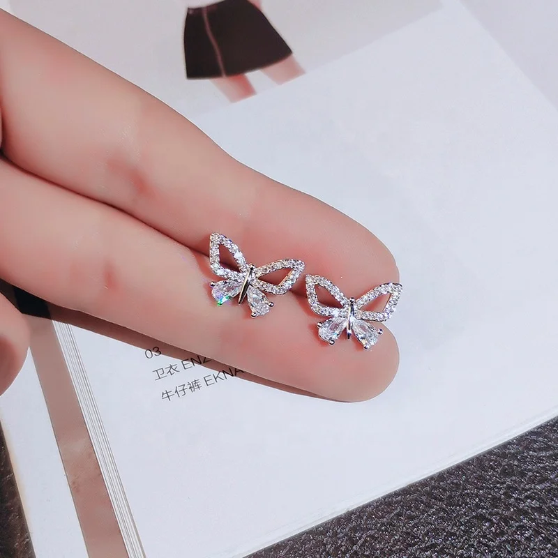 

Female Small Butterfly Earrings Classic Silver Color Stud Earrings Trendy Bridal Crystal Wedding Earrings For Women, Picture shows