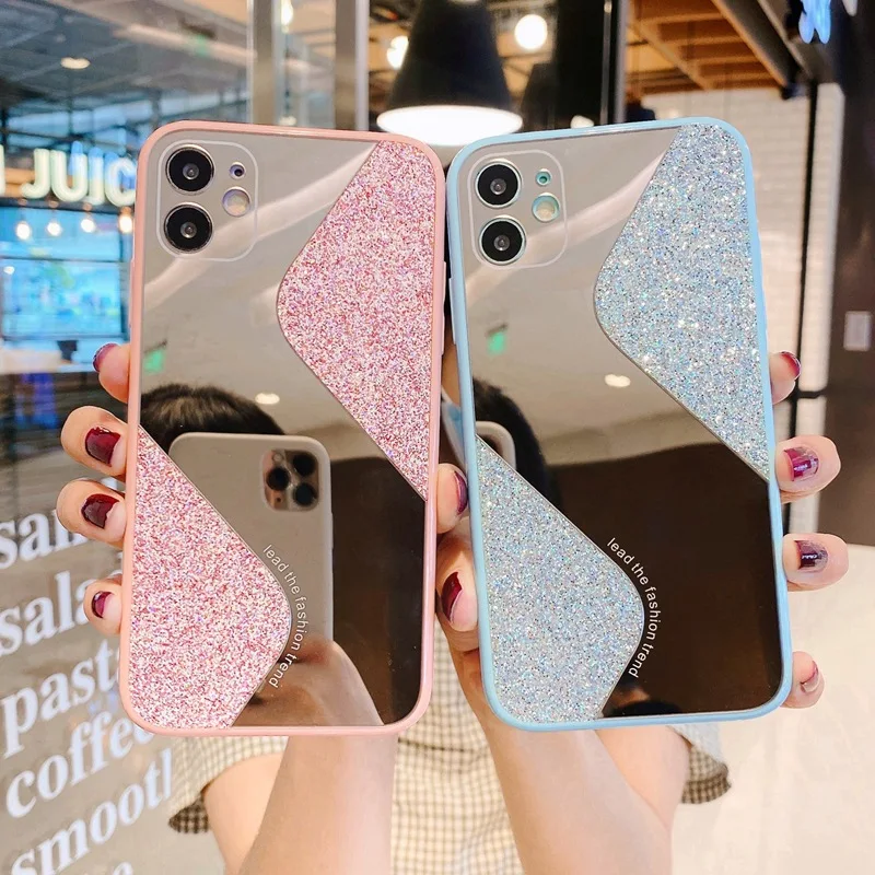 

Luxury glittering powder water drill makeup mirror phone case for iphone 12 pro, As pictures