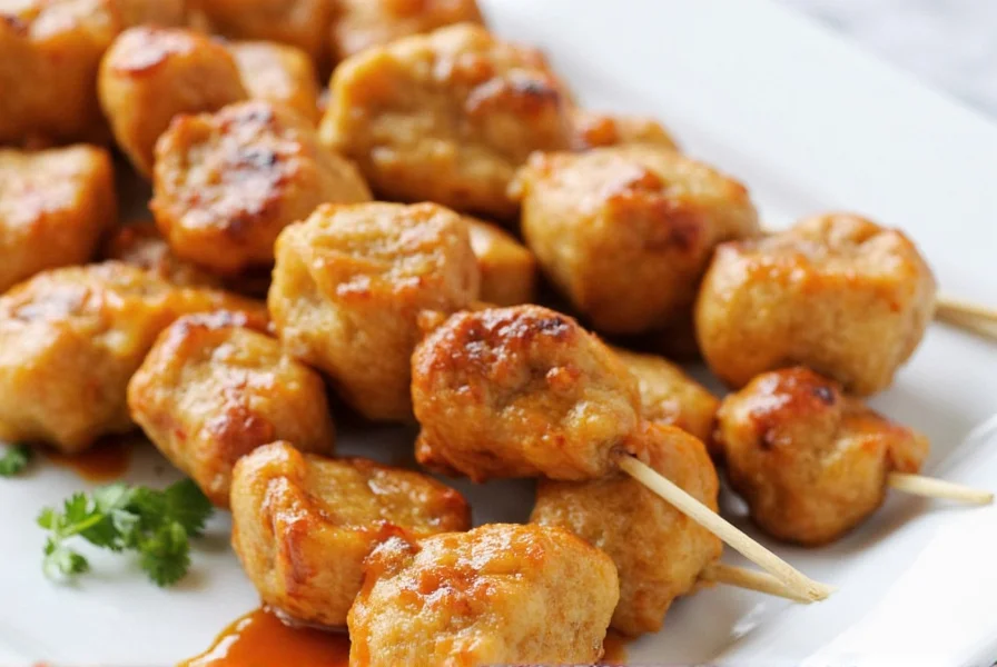 Spicy peanut sauce drizzled over satay skewers
