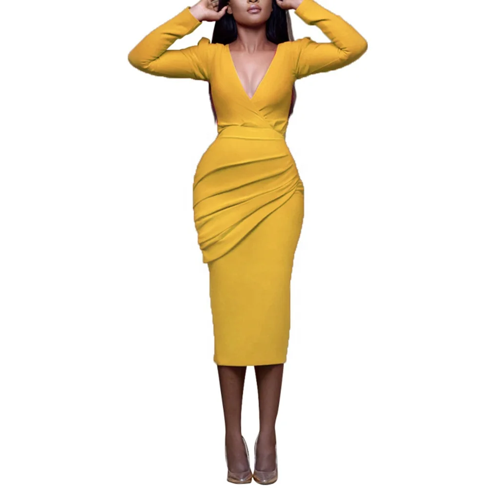 

Women's Casual Long Sleeved V Neck Solid Surplice Wrap Ruched Bodycon Office Work Midi Dress