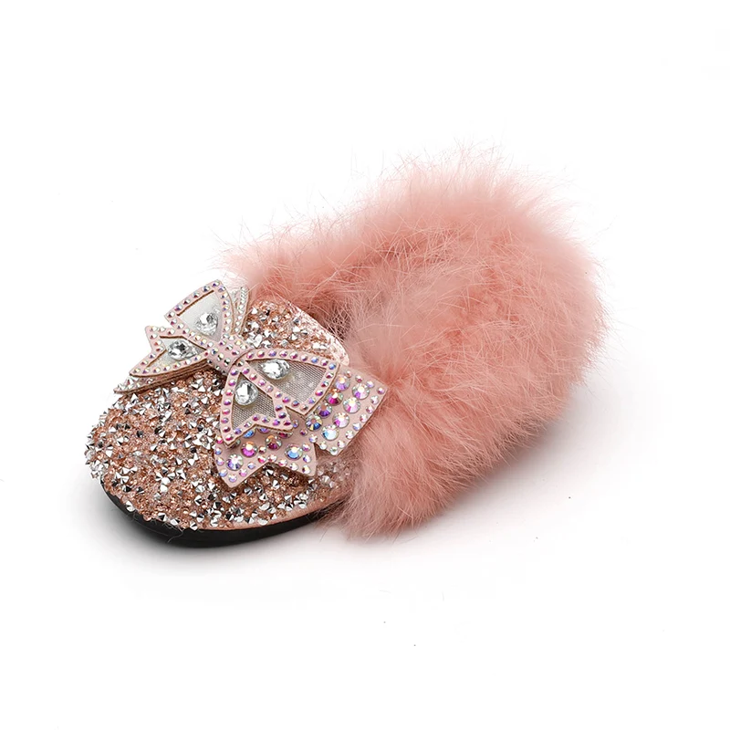 

kids fur shoes autumn and winter new girls trend single shoes baby bow-knot princess shoes
