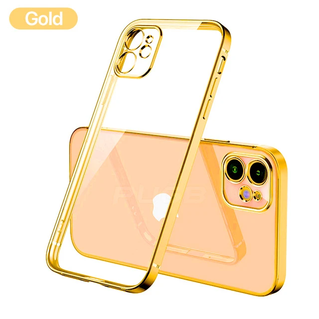 

Luxury Classic Square frame Plating Case on For iPhone 12 11 Pro Max x xs xr 7 8 se Soft slim Clear camera protection Cover Gold, Attacked pictures