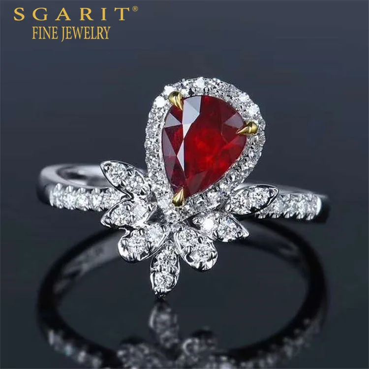 

SGARIT hot sale luxury bridal engagement gemstone ring jewelry 18k gold 1.11ct pigeon blood red unheated natural ruby ring