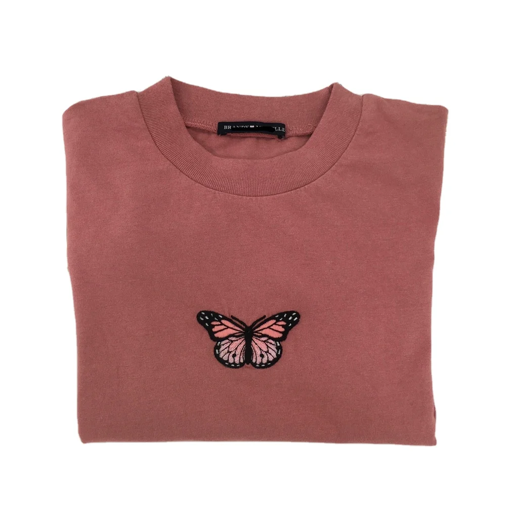 

European and American style 2021 new women's high waist slim slimming short crop top women butterfly embroidery T-shirt women