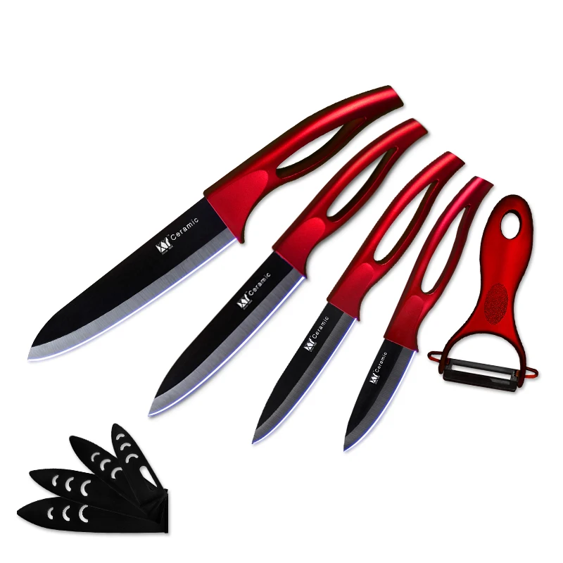 Image of Cheap ceramic kitchen knives set red hollow design handle Food grade Black blade 5pcs coated ceramic knife with covers