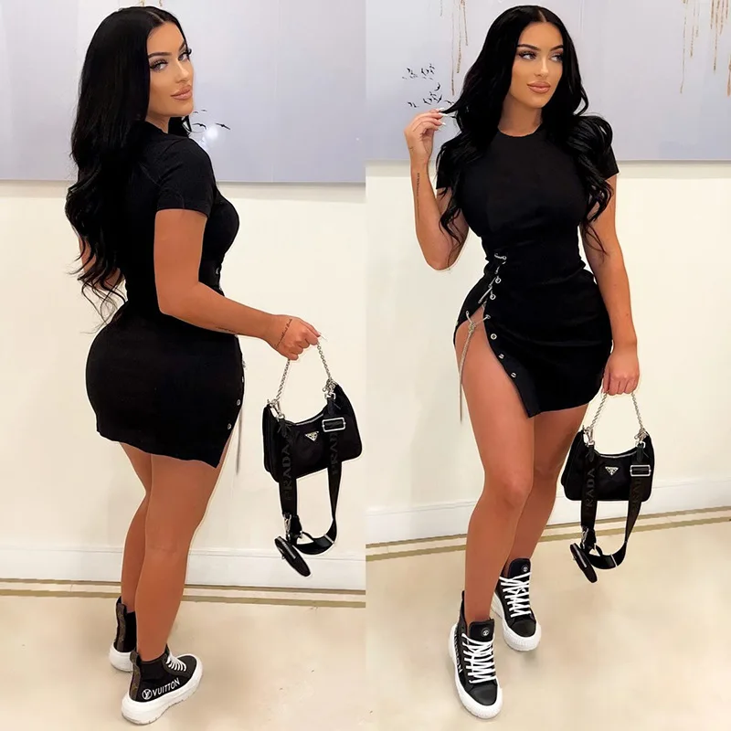 

M04531 - sexy fashion solid color hollow out short sleeve women dresses