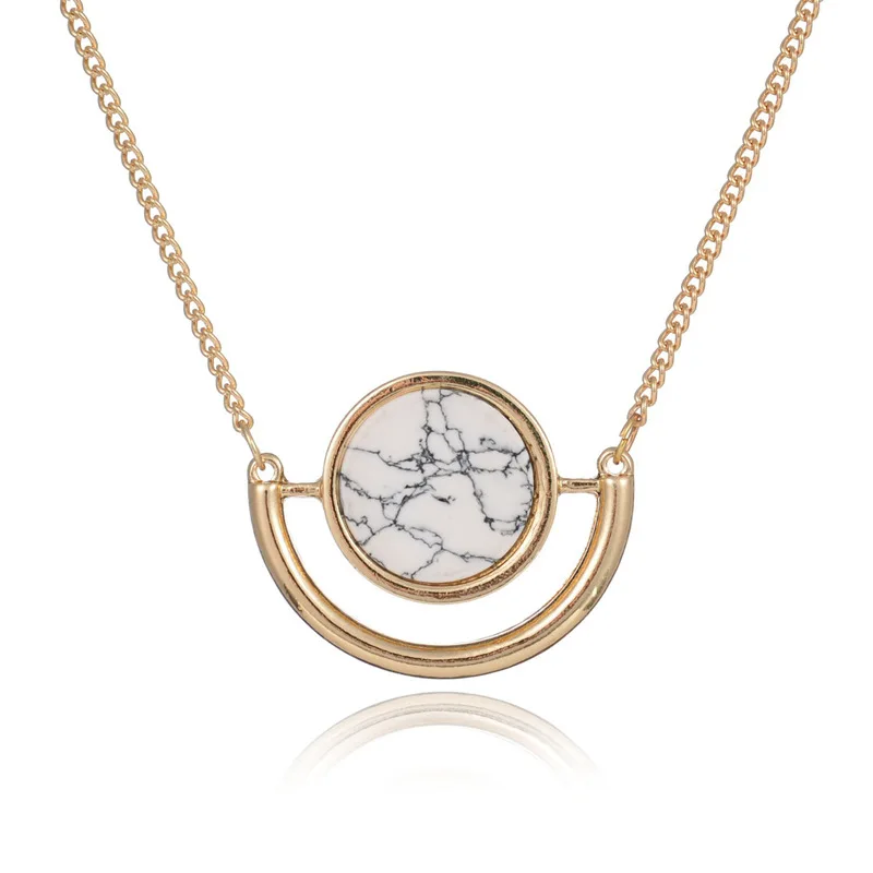 

Ruigang Long Gold Plated Chain Geometric Round Turquoise Marble Stone Pendant Sweater Necklace, White&black