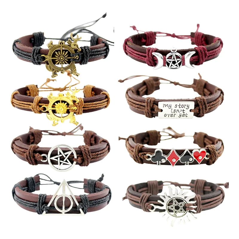 

Manufacturer Custom Made Supernatural Star Sun Triple Moon Poker Queen My Storys is not Over Yet Genuine Leather Bracelets, Silver/brass plated