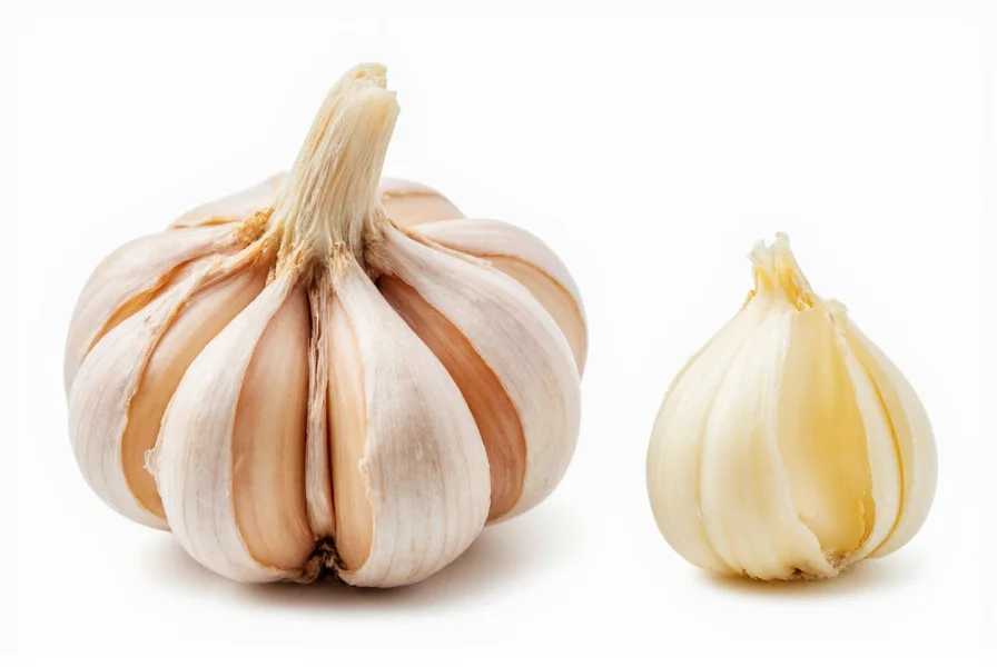 Close-up comparison of whole garlic bulb showing multiple cloves versus single peeled garlic clove