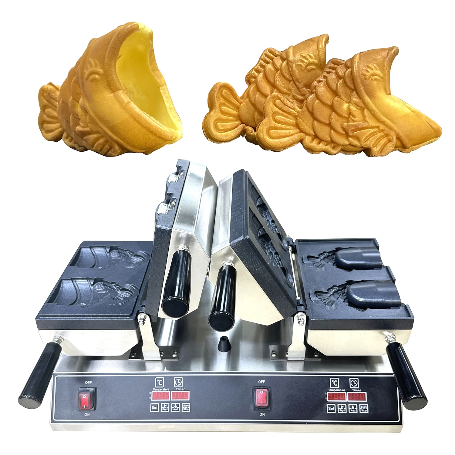 

Commercial Electric Oven Ice Cream Machine Double Waffle Maker Open Mouth Fish Shape Taiyaki Machine