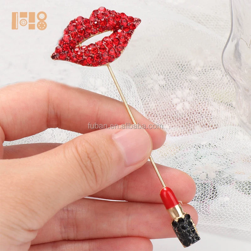 Red Rhinestone Sexy Lips Brooch For Women Cute Jewelry Clips Luxury Lipstick Collar Lapel Hijab 9556