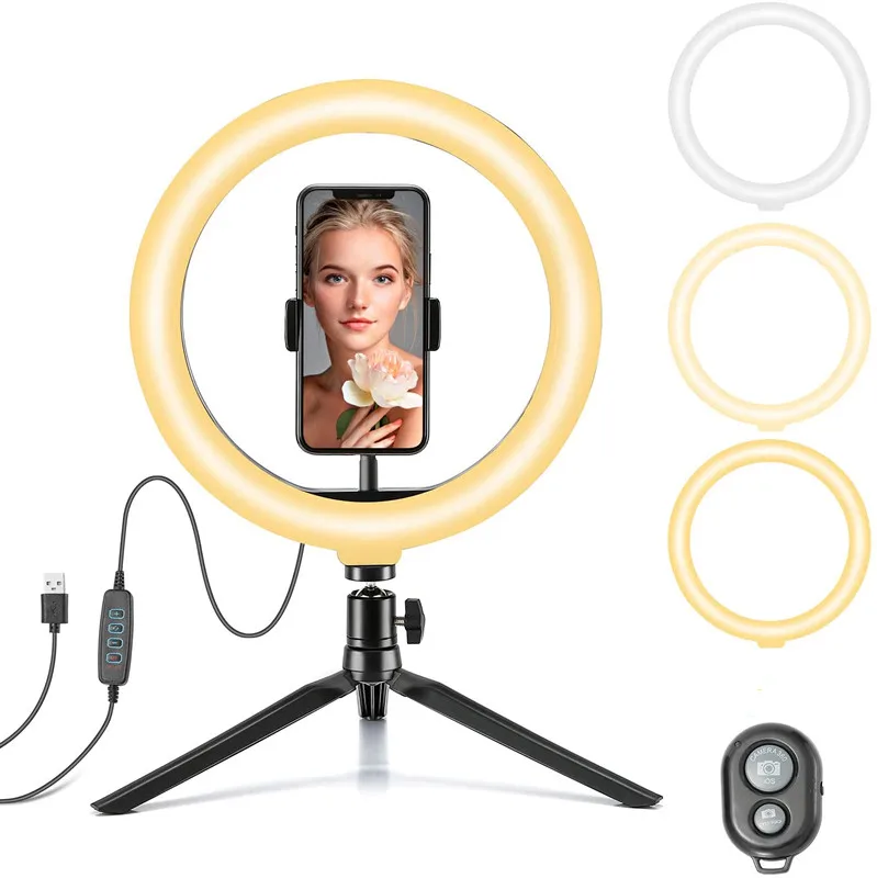 

10 Inch Fill Light Desktop Table Camera Portable Beauty Photography Makeup Tripod Stand Led Circle Selfie Ring Light, Black