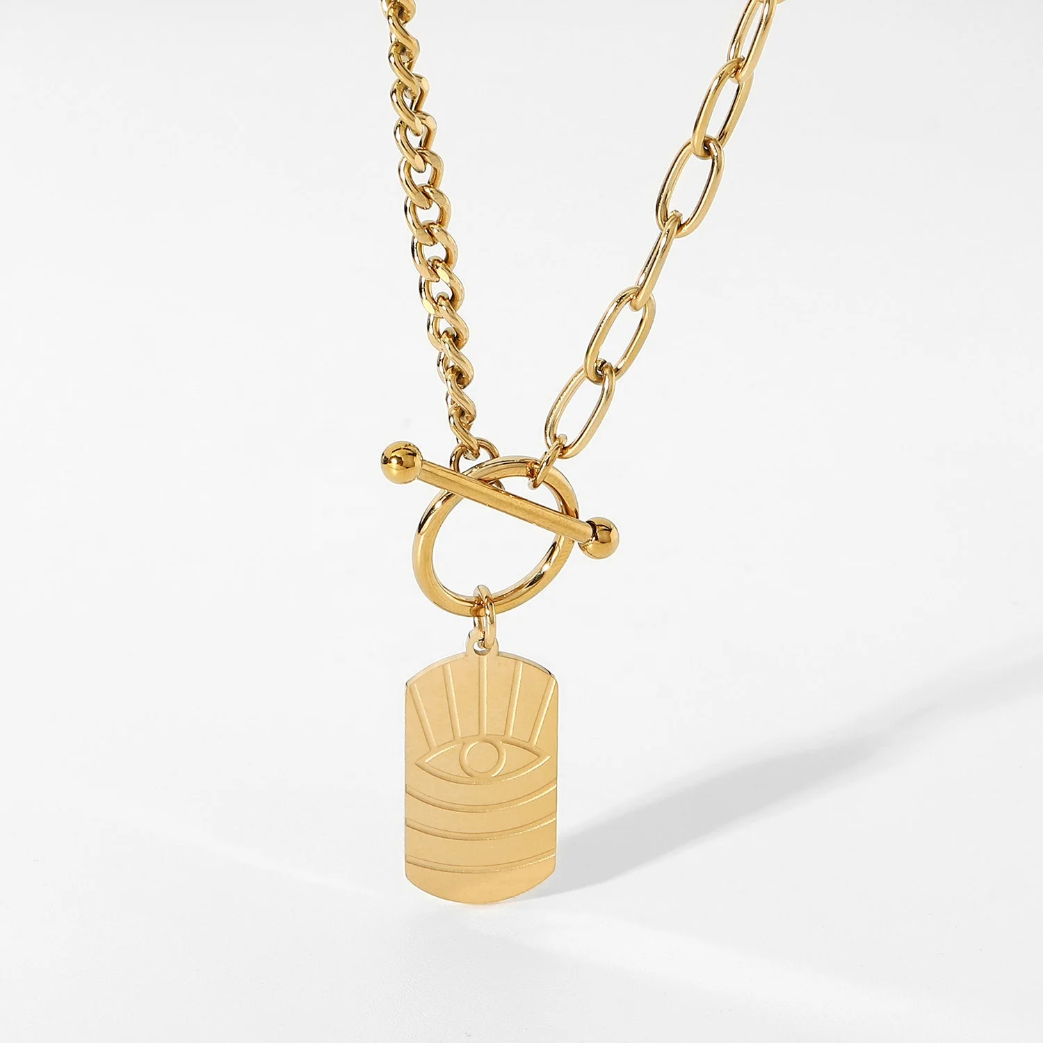 

New Trendy Stainless Steel OT Buckle Cross Chain Cuban Stitching Square Eye Pendant Necklace