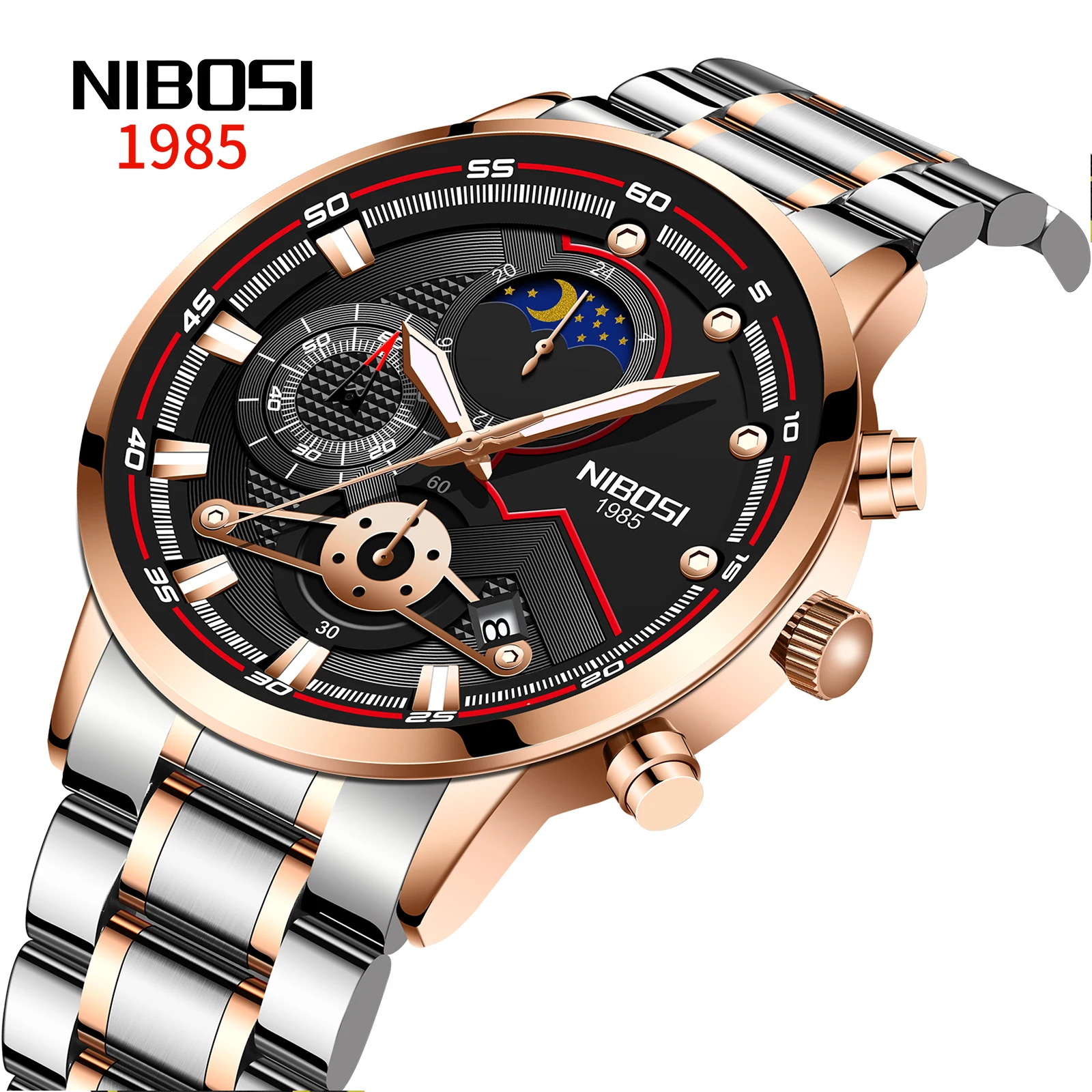 

Nibosi 2503 Rose Case Black Face Rose Hands Chronograph Calendar Stainless Steel Watch, 4 colors