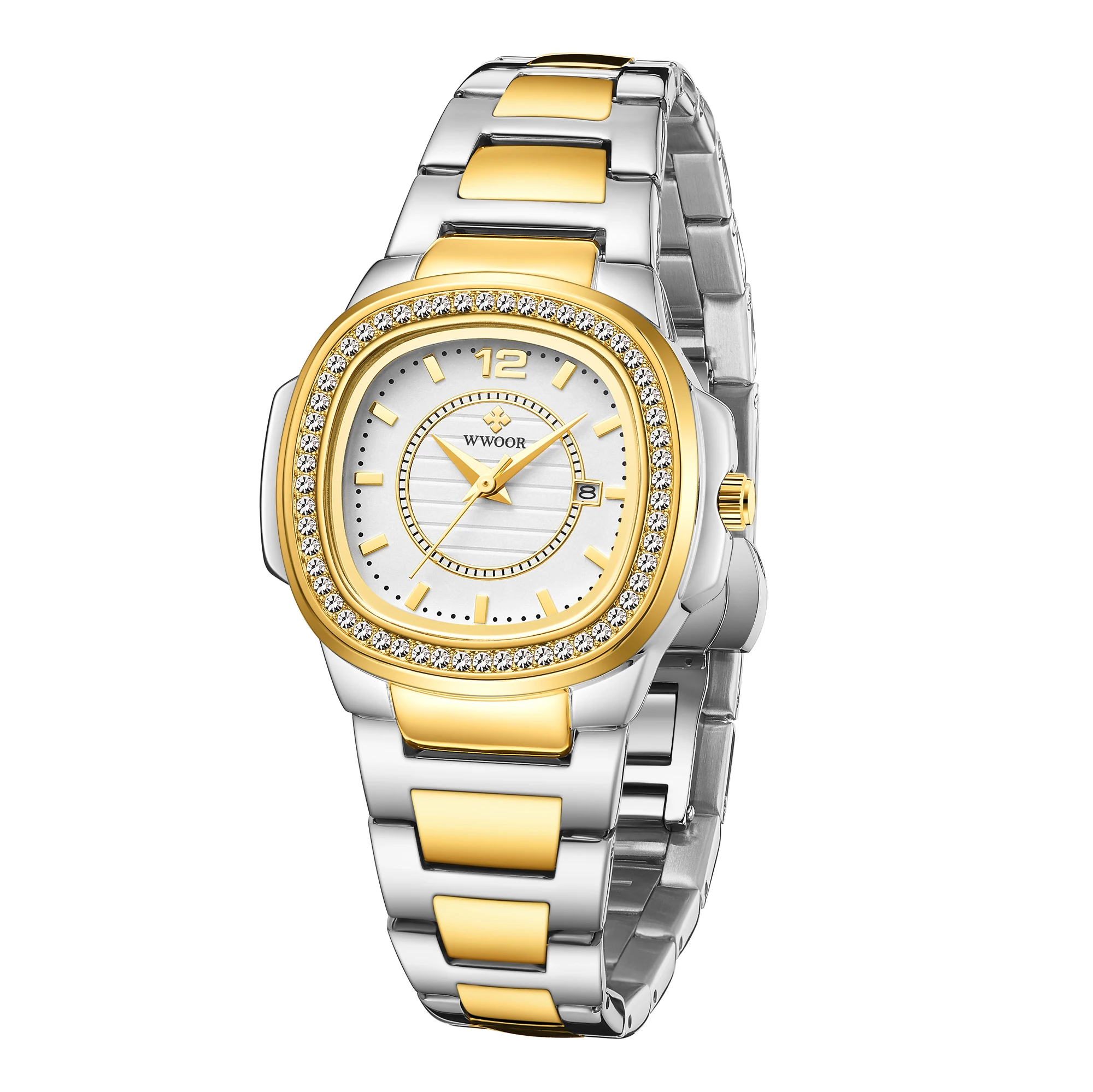 

Stainless Steel Women Quartz Watch WWOOR 8874 Waterproof Calendar Gold Ladies Watches Gifts Wristwatch, 5 color