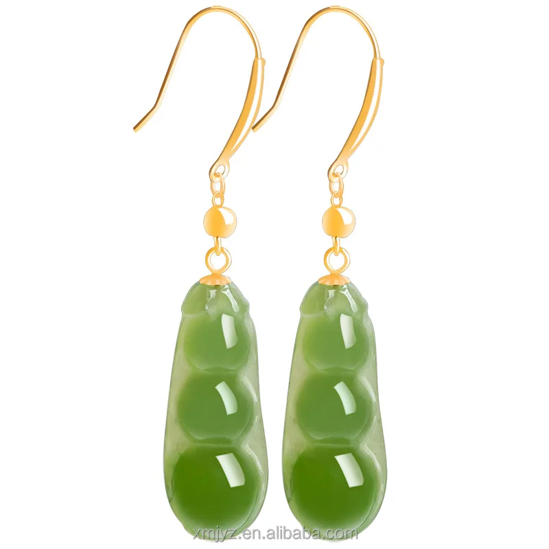 

Certified Grade A Spinach Green Material And Tianyulu Jade Fried Beans Earrings Women's 18K Gold Inlaid