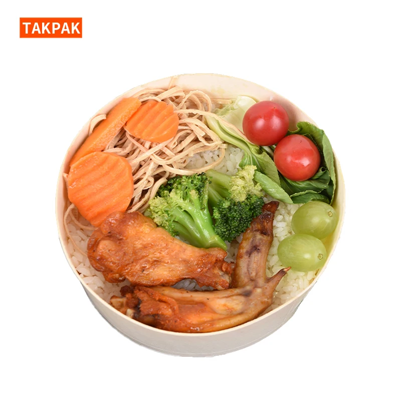 

Disposable Take Away Wooden Round Salad Bowls Lunch Bento Box Wood Food Containers With transparent Lid, Natural wood color
